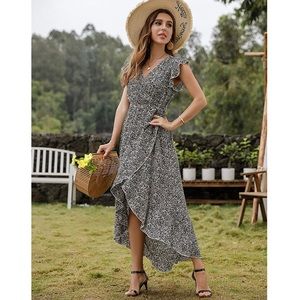 NWT Black with White Floral Pattern High-Low Wrap Dress Size M